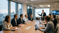 Dirigeants de TPE/PME attentifs lors d'une session de formation IA, prenant des notes sur l'intégration de l'intelligence artificielle dans leur entreprise.