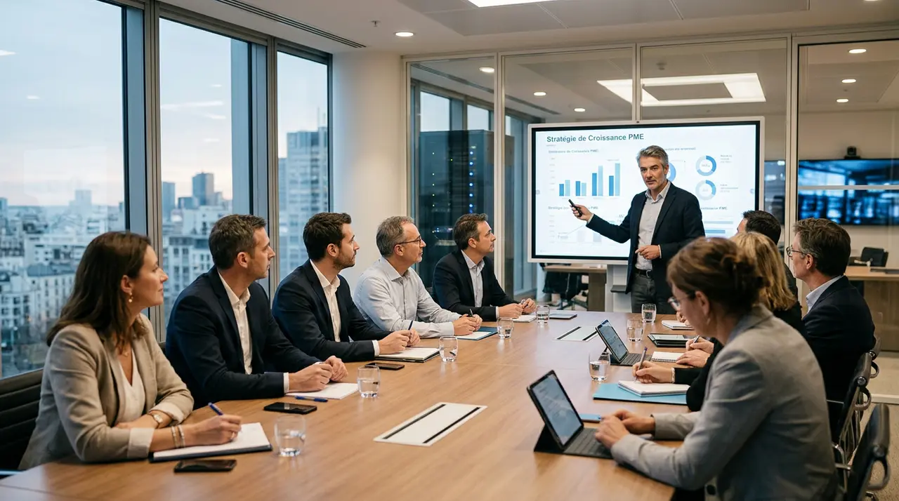 Dirigeants de TPE/PME attentifs lors d'une session de formation IA, prenant des notes sur l'intégration de l'intelligence artificielle dans leur entreprise.