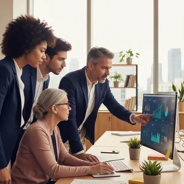Une équipe diversifiée de professionnels en PME, souriants, participant à une session de formation interactive sur l'IA