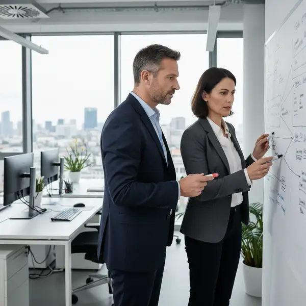 Illustration de professionnels (fractional CMO, CFO, CTO) travaillant en équipe avec des dirigeants de PME, symbolisant la collaboration et l'accès à l'expertise stratégique à temps partagé pour la croissance.