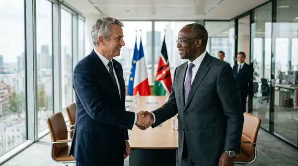 Poignée de main entre dirigeants français et africains, symbolisant un nouveau partenariat économique équitable et des opportunités de croissance pour les PME en Afrique.