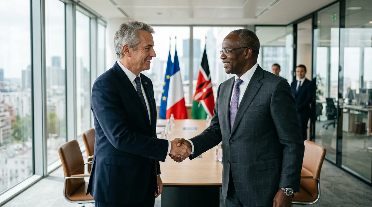 Poignée de main entre dirigeants français et africains, symbolisant un nouveau partenariat économique équitable et des opportunités de croissance pour les PME en Afrique.