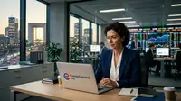 Illustration d'un dirigeant de PME souriant, utilisant un ordinateur portable avec le logo FranceConnect Pro PME, symbolisant la simplification administrative et le gain de temps.