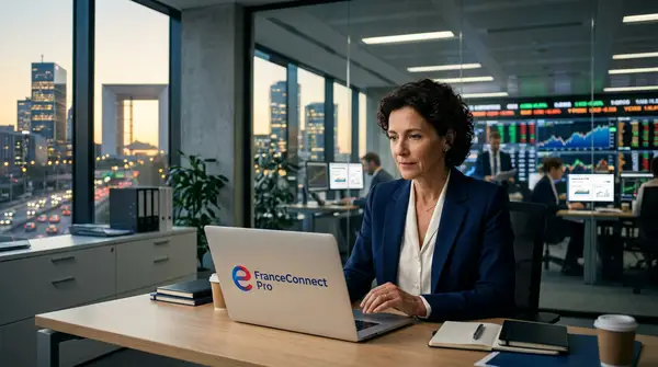 Illustration d'un dirigeant de PME souriant, utilisant un ordinateur portable avec le logo FranceConnect Pro PME, symbolisant la simplification administrative et le gain de temps.