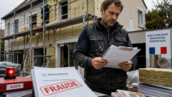 Un artisan du bâtiment examine un dossier MaPrimeRénov’ marqué “fraude” devant une maison en rénovation énergétique, illustrant les dérives des aides publiques qui fragilisent les entreprises sérieuses du secteur.
