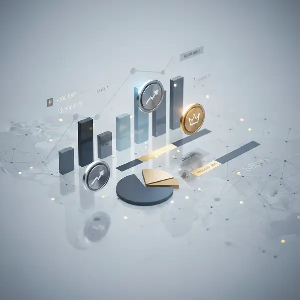 Illustration d'un tableau de bord gamifié avec des badges, des points et des niveaux, symbolisant la gamification B2B pour l'engagement client et la rétention.