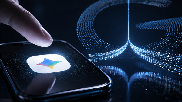 Un doigt s’approche de l’icône Gemini sur un smartphone, devant un flux de données lumineux divisé en deux.