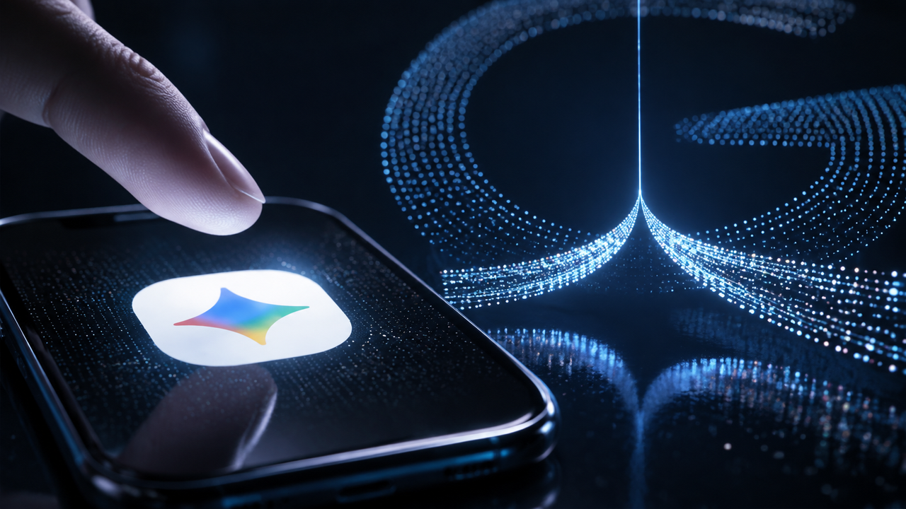 Un doigt s’approche de l’icône Gemini sur un smartphone, devant un flux de données lumineux divisé en deux.