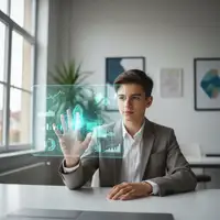 Une jeune fille de la génération Alpha, souriante, utilisant une tablette tactile dans un environnement futuriste, symbolisant les futurs clients connectés.