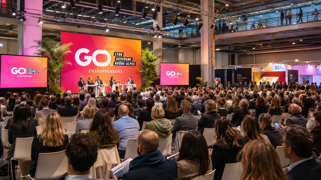 GO Entrepreneurs Lyon 2026 à La Sucrière avec une foule d’entrepreneurs réunie devant la scène principale de l’événement entrepreneurial du 24 septembre à Lyon.