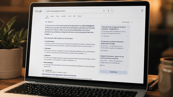 Ordinateur portable affichant une recherche Google enrichie par AI Overview, avec une réponse générée par intelligence artificielle et plusieurs sources proposées.