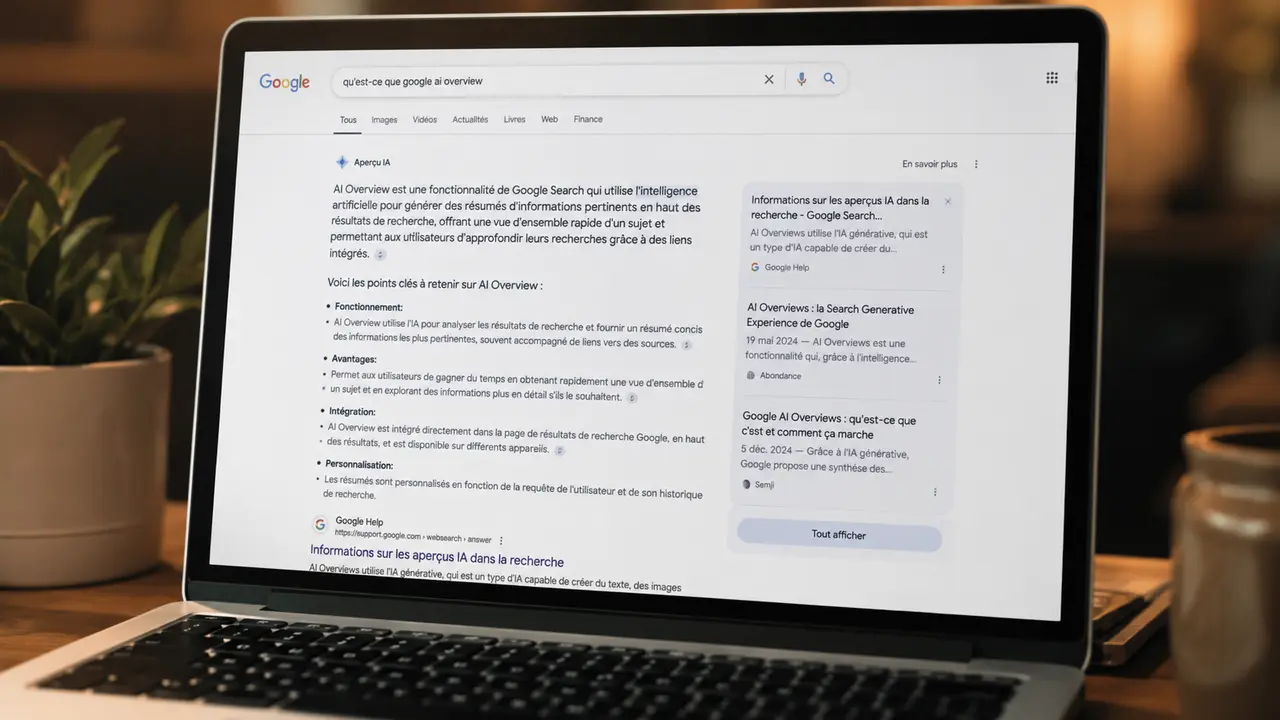 Ordinateur portable affichant une recherche Google enrichie par AI Overview, avec une réponse générée par intelligence artificielle et plusieurs sources proposées.