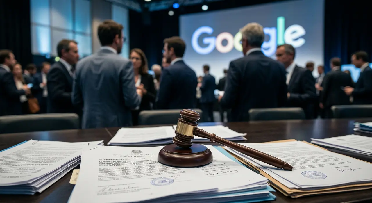 Logo Google sur écran de tribunal avec le texte Google amende favoritisme et marteau de juge.