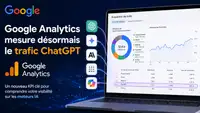 Illustration représentant Google Analytics analysant le trafic issu des moteurs d’intelligence artificielle. Un tableau de bord de statistiques affiche des données d’acquisition provenant de ChatGPT, Gemini, Claude et d’autres assistants IA, symbolisant l’émergence du trafic conversationnel comme nouvel indicateur de performance pour les entreprises et les médias numériques. Source : illustration générée par Entreprisma.