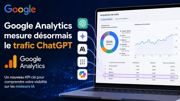 Illustration représentant Google Analytics analysant le trafic issu des moteurs d’intelligence artificielle. Un tableau de bord de statistiques affiche des données d’acquisition provenant de ChatGPT, Gemini, Claude et d’autres assistants IA, symbolisant l’émergence du trafic conversationnel comme nouvel indicateur de performance pour les entreprises et les médias numériques. Source : illustration générée par Entreprisma.