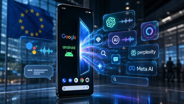 Smartphone Android affichant Google et Android, ouvert vers plusieurs interfaces d’intelligence artificielle concurrentes, avec des hologrammes de recherche, assistants IA et un drapeau européen en arrière-plan.
