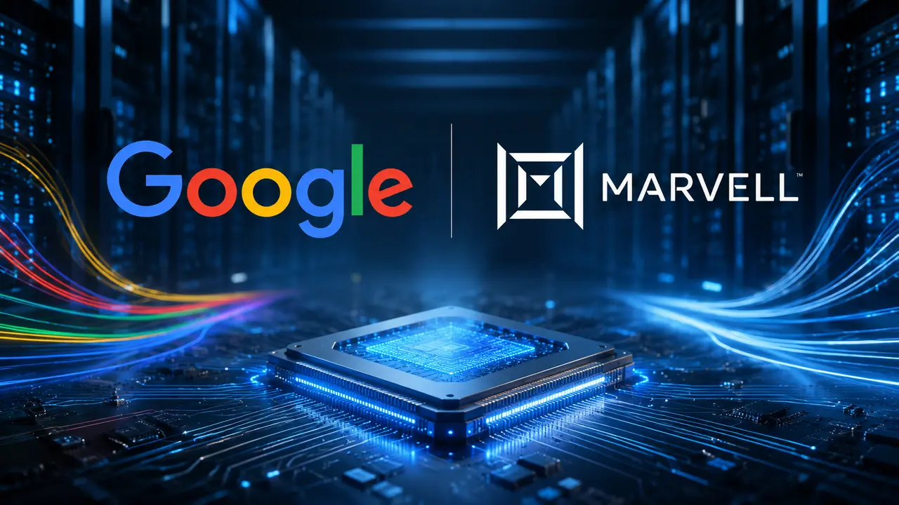 Illustration professionnelle de l’accord entre Google et Marvell autour des puces d’intelligence artificielle, avec les logos Google et Marvell au-dessus d’un processeur IA lumineux installé dans un environnement de data center. L’image symbolise le renforcement du partenariat entre les deux groupes pour développer des semi-conducteurs personnalisés, les TPU de Google, les infrastructures de calcul pour Gemini et Google Cloud, ainsi que la compétition mondiale autour des puces IA face à Nvidia et Broadcom.