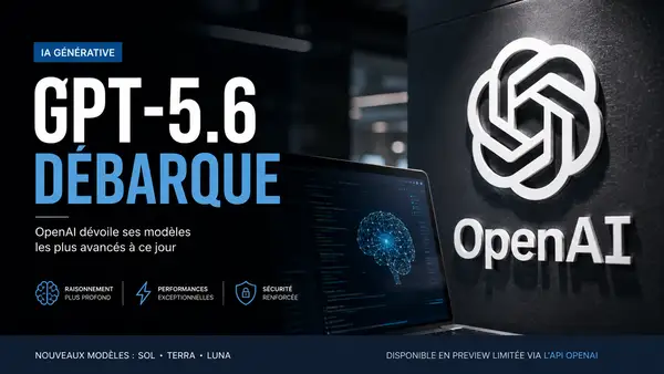 Visuel presse montrant le logo OpenAI aux côtés d’un titre sur GPT-5.6, avec une ambiance technologique sombre et professionnelle.
