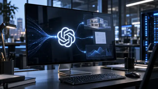 Écran d'ordinateur de bureau affichant le logo OpenAI connecté à des visuels de projets architecturaux, de documents et de graphiques d'analyse de données.