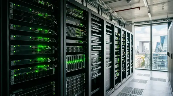 Illustration d'une PME optimisant sa consommation énergétique grâce à des pratiques Green IT, symbolisant la sobriété numérique et l'économie d'énergie.