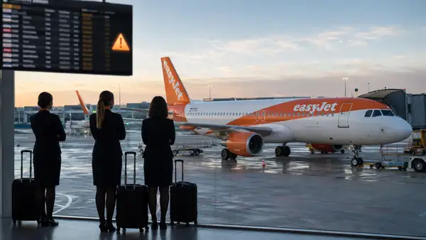 Trois membres d’équipage observent un avion easyJet stationné dans un aéroport face à un panneau d’alerte.