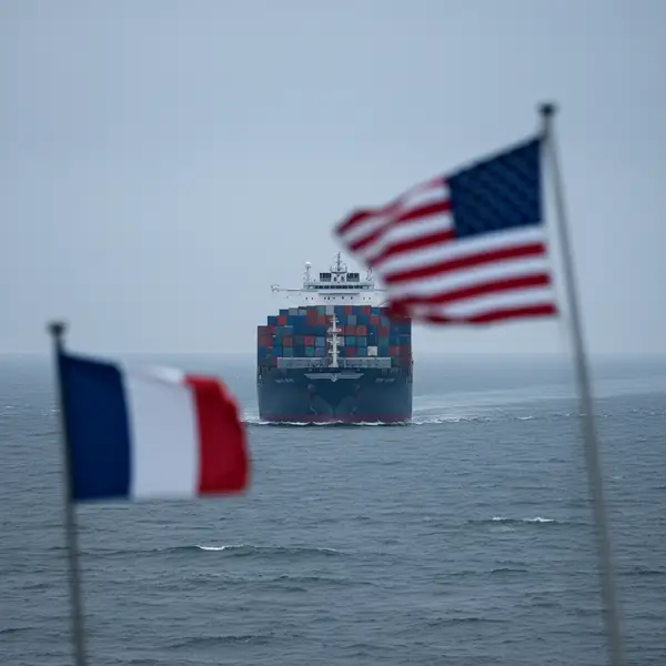 Illustration de graphiques boursiers et de drapeaux américain et français, symbolisant la tension de la guerre commerciale 2026 et son impact sur les PME.
