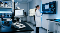 Illustration d'une intelligence artificielle analysant des images médicales de tissus pathologiques, avec le logo de Moonlight AI et des éléments symbolisant la HealthTech et la recherche contre le cancer.
