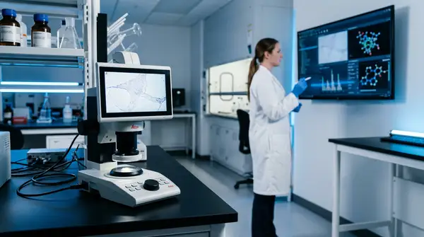 Illustration d'une intelligence artificielle analysant des images médicales de tissus pathologiques, avec le logo de Moonlight AI et des éléments symbolisant la HealthTech et la recherche contre le cancer.