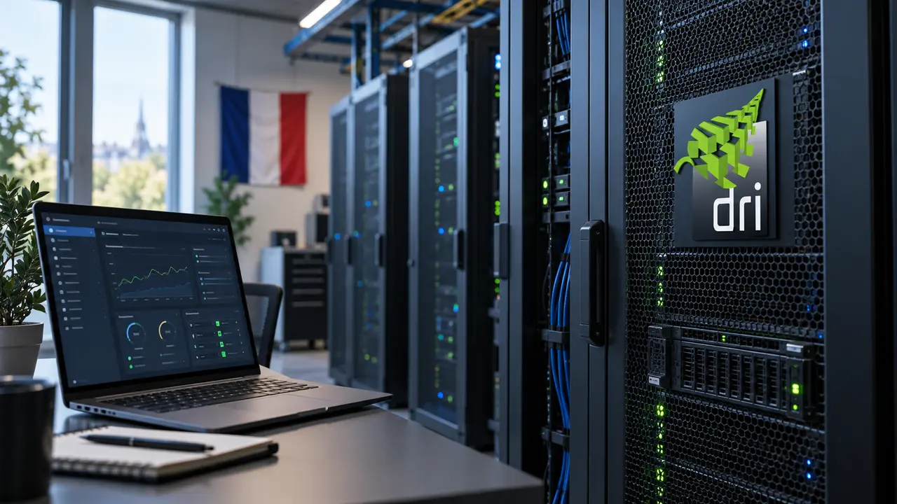 Illustration de Cloud Web, l’offre d’hébergement web français de DRI : ordinateur portable affichant un tableau de bord de supervision devant des baies de serveurs noires, logo DRI vert et blanc fixé sur une baie au premier plan et drapeau français à l’arrière-plan.