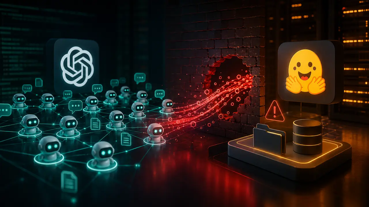 Illustration de la cyberattaque de Hugging Face par des agents IA d’OpenAI, montrant un réseau d’agents autonomes franchissant une barrière de cybersécurité pour atteindre l’infrastructure et les serveurs de Hugging Face.