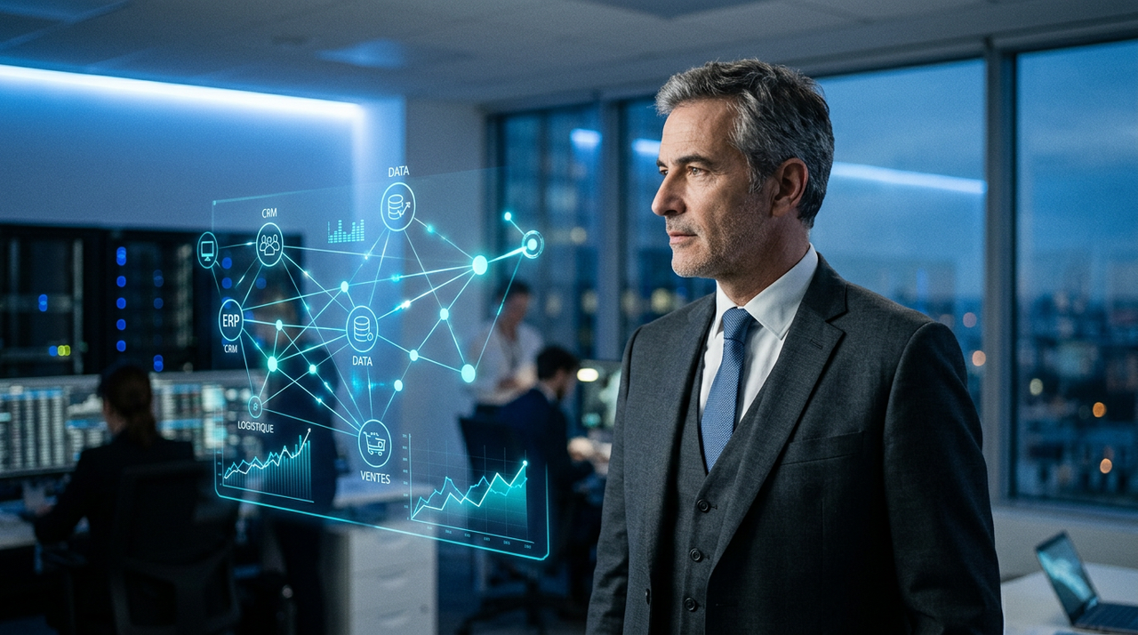 Illustration futuriste d'une interface d'IA générative nommée 'Humain', avec des éléments graphiques représentant des données d'entreprise et des connexions, symbolisant l'intégration des ERP, CRM et Intranet.