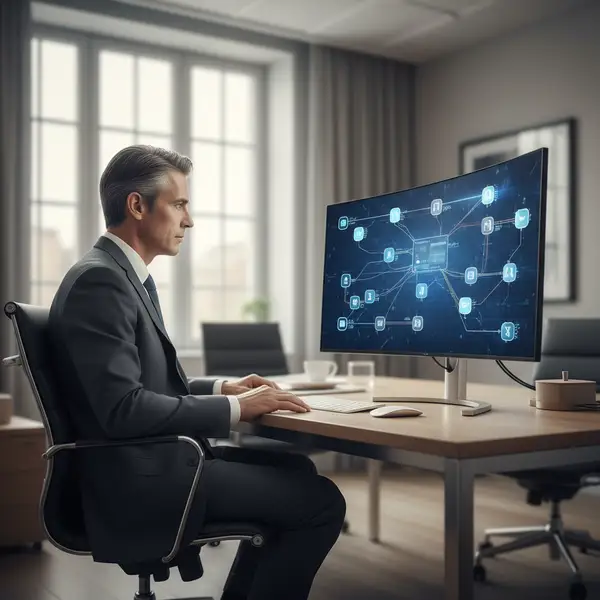 Illustration futuriste d'agents IA autonomes collaborant avec des humains dans un environnement de bureau moderne, symbolisant l'IA agentique et ses applications pour les PME en 2026.