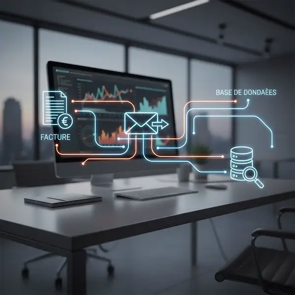 Illustration futuriste montrant des robots assistant des humains dans un bureau, symbolisant l'intégration de l'IA agentique dans les workflows des PME pour automatiser les tâches de back-office.