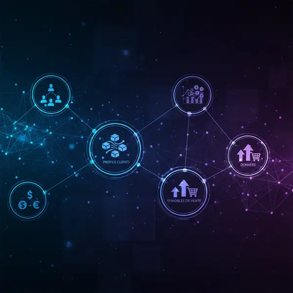 Interface d'IA conversationnelle affichant des données de vente B2B, avec des graphiques de performance et des interactions client, symbolisant la qualification et la personnalisation.