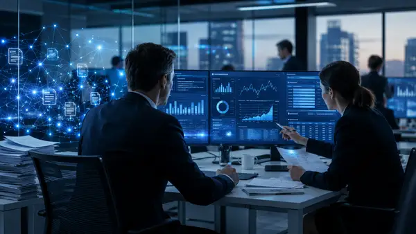 Direction financière utilisant l’intelligence artificielle pour analyser des tableaux de bord, automatiser le traitement des factures, suivre la trésorerie et améliorer le pilotage financier d’une entreprise en 2026.