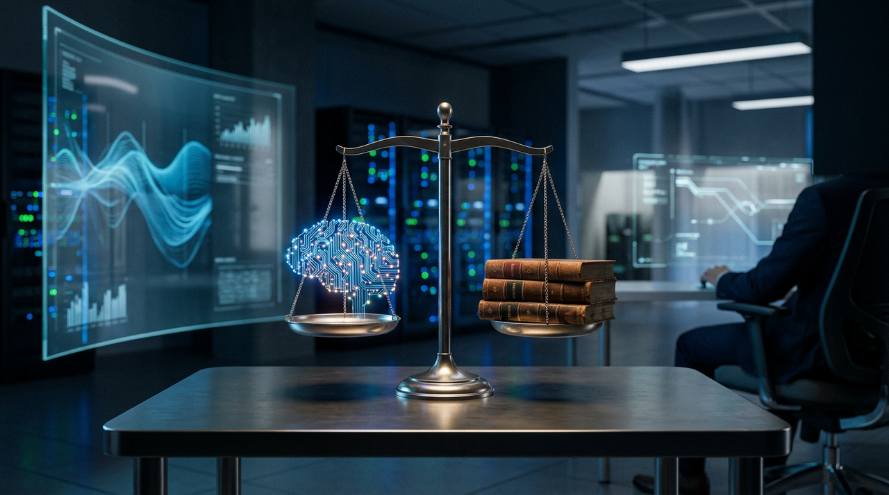 Illustration conceptuelle montrant des symboles de droit d'auteur et d'intelligence artificielle entrelacés, représentant les enjeux de l'IA et du droit d'auteur.