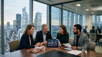 Une équipe diversifiée de professionnels collaborant autour d'un tableau blanc, symbolisant la conduite du changement et l'intégration réussie de l'IA en entreprise.