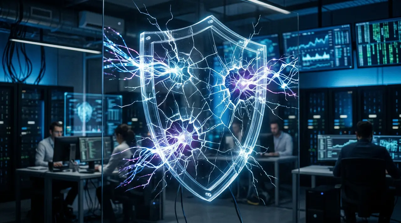 Serveur informatique sécurisé illustrant l'IA et limite de détection face aux cyberattaques.