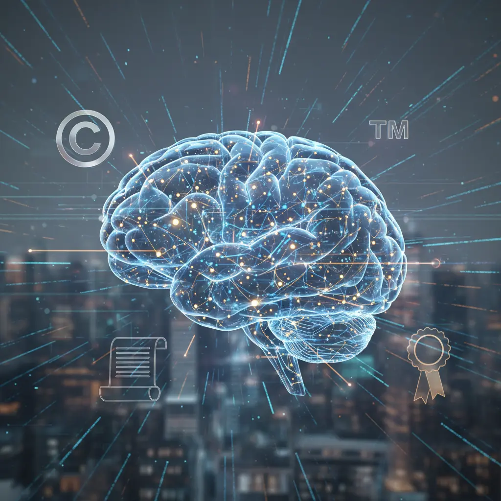 Illustration de la protection de la propriété intellectuelle face à l'IA générative, avec des symboles de droit d'auteur et de marque entrelacés avec des circuits neuronaux et des données numériques, sur un fond sombre et technologique.