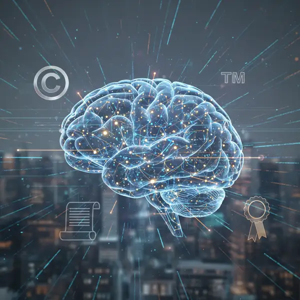 Illustration de la protection de la propriété intellectuelle face à l'IA générative, avec des symboles de droit d'auteur et de marque entrelacés avec des circuits neuronaux et des données numériques, sur un fond sombre et technologique.