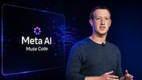 Montage éditorial montrant Mark Zuckerberg à droite et le logo Meta AI Muse Code à gauche, sur un fond technologique bleu et violet évoquant l’intelligence artificielle, la programmation assistée par IA et la génération automatisée de code par Meta.