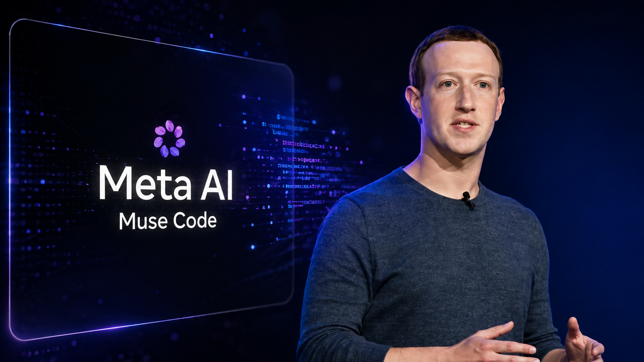Montage éditorial montrant Mark Zuckerberg à droite et le logo Meta AI Muse Code à gauche, sur un fond technologique bleu et violet évoquant l’intelligence artificielle, la programmation assistée par IA et la génération automatisée de code par Meta.