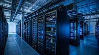 Serveurs informatiques et logo IA open-source Chine illustrant la compétition technologique mondiale.