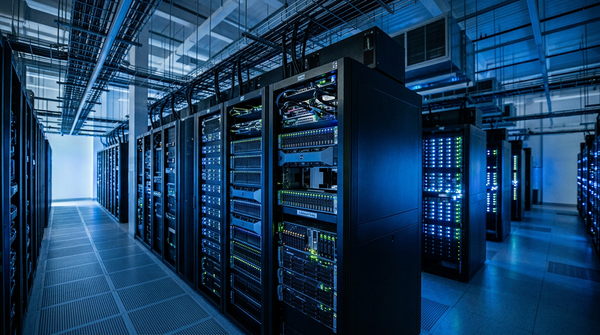 Serveurs informatiques et logo IA open-source Chine illustrant la compétition technologique mondiale.