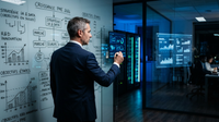 Une petite entreprise (PME) symbolisée par un engrenage, utilisant l'intelligence artificielle (IA) pour innover et rivaliser avec de plus grandes structures, représentées par des gratte-ciel en arrière-plan.