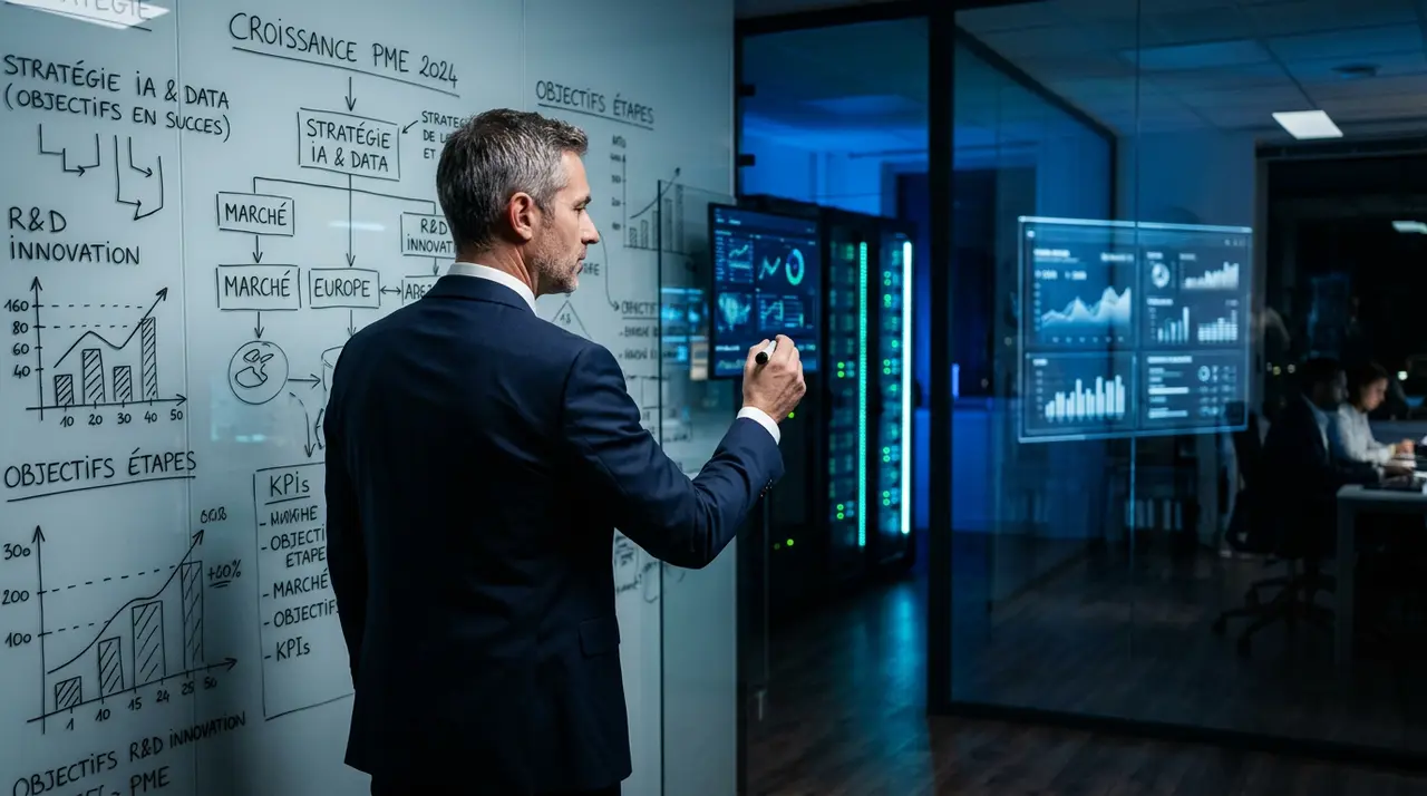 Une petite entreprise (PME) symbolisée par un engrenage, utilisant l'intelligence artificielle (IA) pour innover et rivaliser avec de plus grandes structures, représentées par des gratte-ciel en arrière-plan.