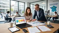 Une photographie de style presse d'une scène d'entreprise moderne dans un bureau ouvert à Roscanvel, en Bretagne, en août 2026. L'image est en format 16:9. Au premier plan, une jeune femme entrepreneure et un consultant d'affaires d'âge mûr sont penchés sur un bureau en bois. Un ordinateur portable ouvert sur le bureau affiche un site web officiel intitulé "INPI - GUICHET UNIQUE DES FORMALITÉS D'ENTREPRISES" avec une infographie en étapes pour l'immatriculation. Le consultant pointe du doigt un diagramme d'étapes sur l'écran. Des documents papier, une tablette affichant un formulaire d'immatriculation, deux tasses de café et des fournitures de bureau sont éparpillés sur la table. En arrière-plan, à travers des parois vitrées, d'autres personnes travaillent dans des espaces de bureau adjacents. Un grand graphique mural derrière eux montre une carte stylisée de la France et le texte "L'ENTREPRENEURIAT SIMPLIFIÉ EN 2026". Les fenêtres donnent sur une rue de ville animée avec des bâtiments d'architecture moderne et des piétons. La lumière naturelle est abondante.