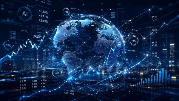 Globe numérique entouré de courbes financières illustrant l’impact économique mondial de l’intelligence artificielle.