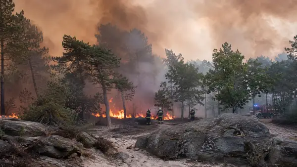 Pompiers intervenant face à un incendie dans la forêt de Fontainebleau, au milieu des pins, des rochers et d’une épaisse fumée.