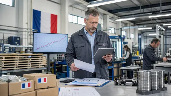 Scène réaliste dans un atelier industriel français où un responsable de PME analyse des documents de coûts et de production sur une tablette, entouré de pièces manufacturées, de cartons marqués aux couleurs de la France et d’un graphique de hausse en arrière-plan, illustrant la pression croissante sur le coût du Made in France.